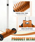 Roller Thatch Rake For Lawn With 15 Inch Dethatcher and smooth rolling wheels showing detailed parts and adjustable angles.