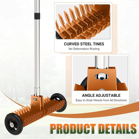 Roller Thatch Rake For Lawn With 15 Inch Dethatcher and smooth rolling wheels showing detailed parts and adjustable angles.