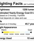 Lighting facts label for 3 Inch Led Canless Recessed Downlights 6 Pack Regressed Spotlights highlighting brightness and energy use.