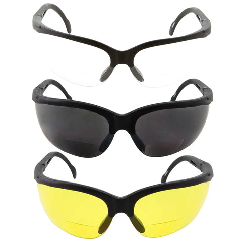 Three Pair Bifocal Safety Reading Glasses Set With Assorted Color Frames Including Clear Black And Yellow Lenses ANSI Z87 UV400