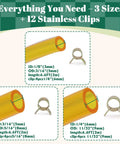 Premium TPU Fuel Line Kit With Three Size Options 3mm ID And 5mm OD, 5mm ID And 8mm OD, 6mm ID And 9mm OD, Each 6.6 Feet Long, Includes 12 Steel Clamps For Lawn Mower Chainsaw And Small Engines illustration with size details and clamps