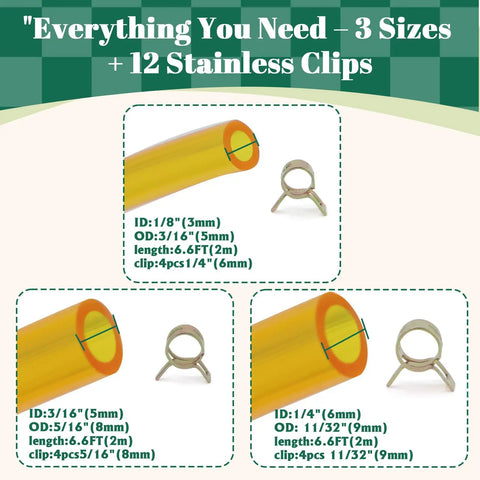 Premium TPU Fuel Line Kit With Three Size Options 3mm ID And 5mm OD, 5mm ID And 8mm OD, 6mm ID And 9mm OD, Each 6.6 Feet Long, Includes 12 Steel Clamps For Lawn Mower Chainsaw And Small Engines illustration with size details and clamps