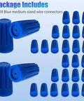 30 Pack Waterproof Wire Connectors For 12-22 AWG Cables Outdoor Sealed Twist Nuts Caps in blue, frontal and side view