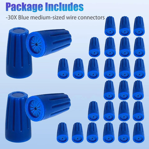 30 Pack Waterproof Wire Connectors For 12-22 AWG Cables Outdoor Sealed Twist Nuts Caps in blue, frontal and side view