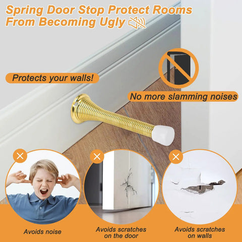 Spring Door Stoppers 12 Pack Wall Protectors For Inside Doors With 6 Rubber Bumpers Gold Finish Elastic Steel Spring Design Keeps Doors From Slamming Dents Ideal For Home And Office installed on baseboard