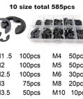 585 piece M1.2 to M15 external retaining ring kit with tray, black 65Mn, E clips and washers for automotive, machinery
