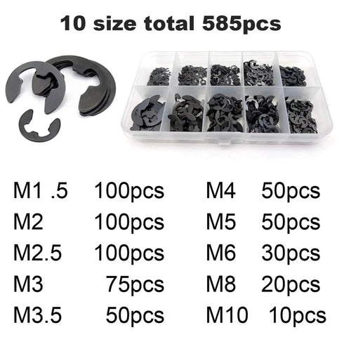 585 piece M1.2 to M15 external retaining ring kit with tray, black 65Mn, E clips and washers for automotive, machinery