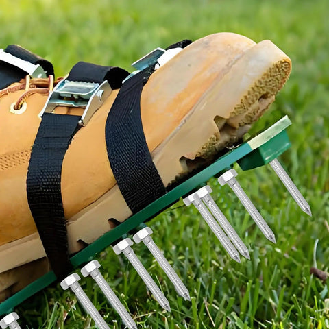 Close-up of a shoe equipped with a 30 Piece Lawn Aerator Shoes Spikes Set For Lawn Care And Yard Maintenance on grass.