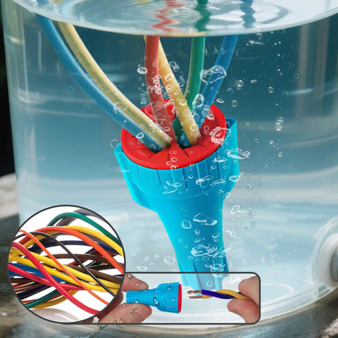 R3 Waterproof Wire Connectors Set 50 Pieces With Twist Lock Design in use underwater with colorful wires, close-up view.