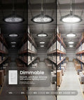 Badass 200W Led High Bay produces Hella Bright 29000 Lumens at 4000K, shown in a warehouse with dimming capability.