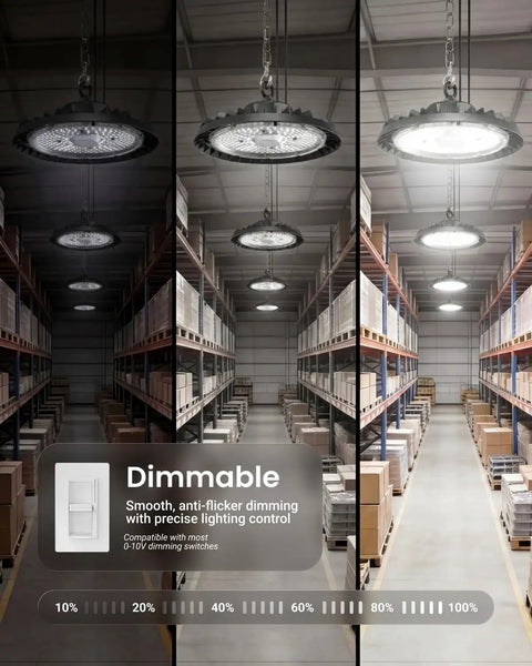 Badass 200W Led High Bay produces Hella Bright 29000 Lumens at 4000K, shown in a warehouse with dimming capability.