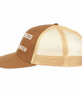 Side view of Brown Low Profile Distressed Trucker Cap For Women, Lightweight Washed Cotton Baseball Hat, mesh back for ventilation.