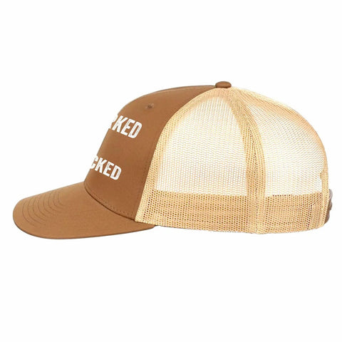 Side view of Brown Low Profile Distressed Trucker Cap For Women, Lightweight Washed Cotton Baseball Hat, mesh back for ventilation.