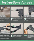 One Handed Pop Rivet Gun Set With Extended 9.6 Inch Ergonomic Handle in use, showing five-step operation instructions