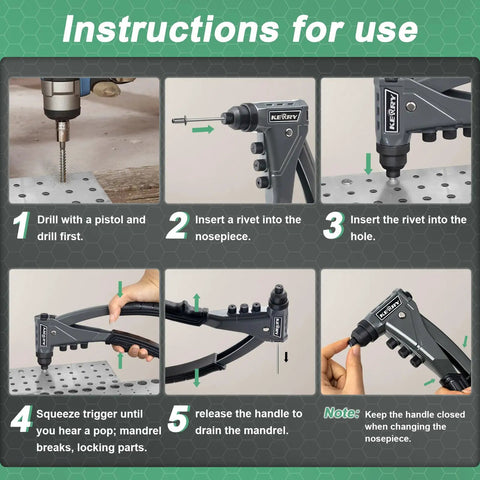 One Handed Pop Rivet Gun Set With Extended 9.6 Inch Ergonomic Handle in use, showing five-step operation instructions