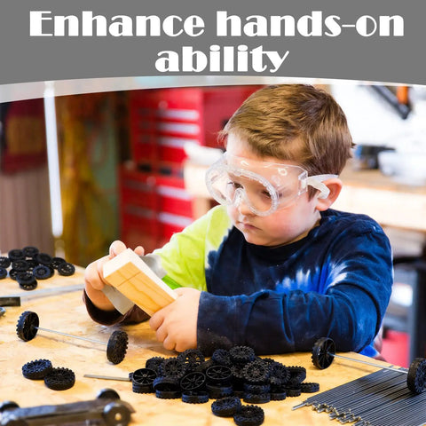 Child building with Bulk Pack Of 300 Mini Plastic Model Wheels With 2mm Holes And 150 100mm Metal Axle Rods for projects