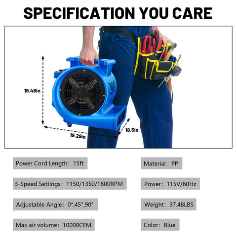 Person holding Industrial Air Mover Blower Fan One Point Five HP High CFM Ten Thousand, blue, with specifications and dimensions.