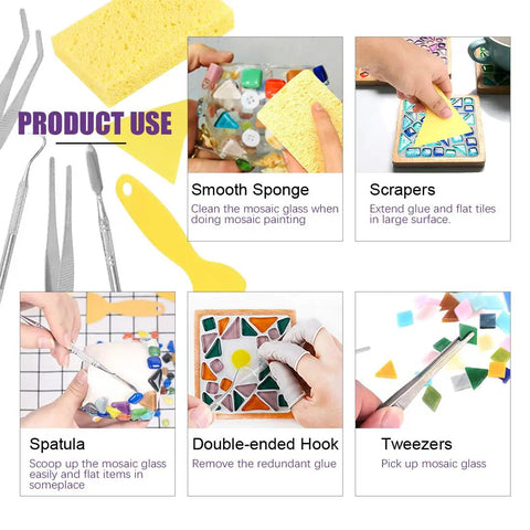 Mosaic Tile Nippers Kit Pro Grade With Heavy Duty Glass Nippers Scrapers Tweezers Hook Spatula Sponge in use for mosaics