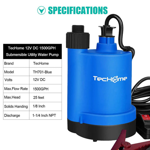 12V DC Water Transfer Pump 1500GPH Submersible Sump Pump With 20 Foot Power Cord Go-To Beast For Quick Water Moves
