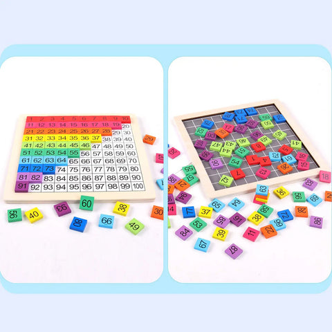 Rock Solid Wooden Montessori Math Counting Board Puzzle For Toddlers, Smooth Finish Number Grid 1 To 100, Zero Frustration Preschool Arithmetic Learning Game With Handy Activity Cards, showing colorful tiles and puzzle board.