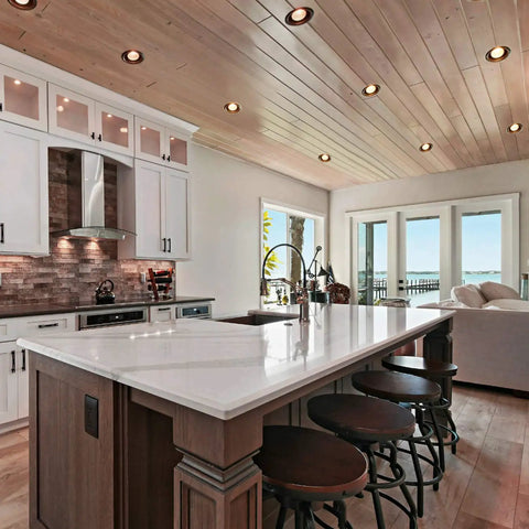 Modern kitchen with wood ceiling featuring 6 Inch Recessed Light Trim With Rosewood Decor And Detachable Ring For Halo Juno Remodel