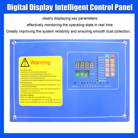 Digital display control panel for Heavy Duty Mobile Pulse Jet Dust Collector, showing performance indicators and warning label