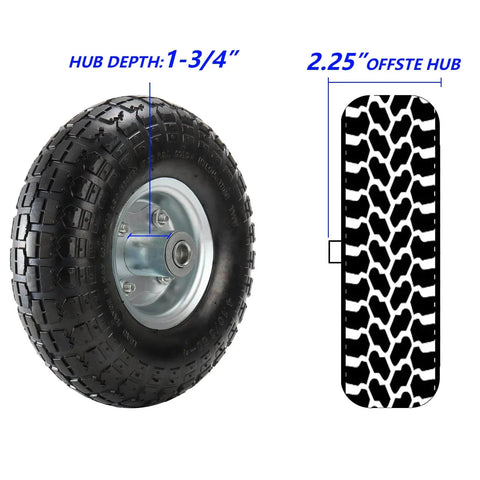 2-Pack Pneumatic Air Filled 10 Inch Hand Truck Wheels With 4.10/3.50-4 Tires, Heavy-Duty Replacement, Side View, 2.25 Inch Offset Hub