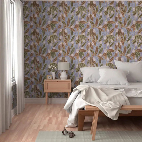 Hand Drawn Botanical Wallpaper With Slick Matte Linen Finish Top Shelf Durable Wall Covering Hella Easy To Install Legit Pvc Free Paste To Paper Decor For Kitchens And Hallways in a cozy bedroom setting.