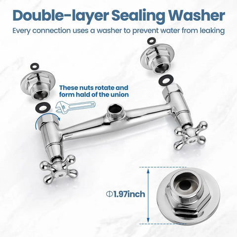 Wall Mount Commercial Kitchen Faucet With 360 Degree Swivel Spout 8 Inch Center Heavy Duty Solid Brass Body Chrome Finish Anti Rust Coating One Point Eight GPM Flow Female Thread Connection photo showing double-layer sealing washer detail with dimensions