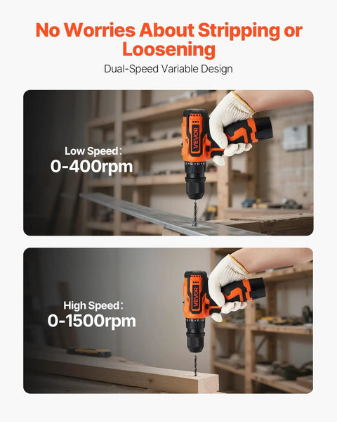Cordless 5-In-1 Drill Driver Kit With Dual Speed, Quick-Change Chuck, shown in use with low and high-speed settings