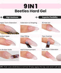 Hema Free Hard Gel Kit 9 in 1 for Nail Extensions and Strengthening, image showing various gel application techniques.