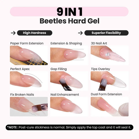 Hema Free Hard Gel Kit 9 in 1 for Nail Extensions and Strengthening, image showing various gel application techniques.
