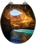 Laid Back Tropical Paradise Round Resin Toilet Seat Cover With Smooth Slow Close Action and Snappy Quick Release Hinges, featuring a cave view.
