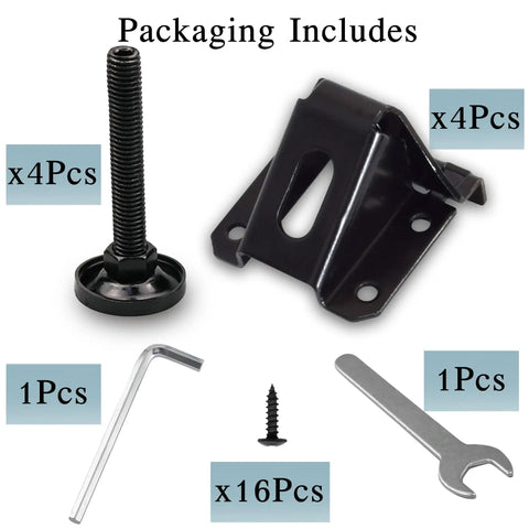 Heavy Duty Adjustable Leveling Feet 4 Pack Black Furniture Levelers With Hex Key Adjustment For Couches Cabinets Benches And Shelves, includes 4 feet, hex key, screw and wrench.