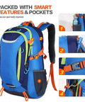 Blue 55L Waterproof Lightweight Hiking Camping Backpack with smart pockets and features, mesh straps, nylon material.
