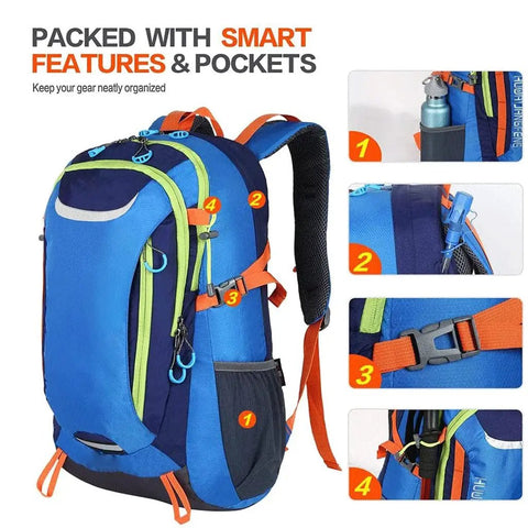 Blue 55L Waterproof Lightweight Hiking Camping Backpack with smart pockets and features, mesh straps, nylon material.