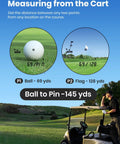 Game Changing Golf Rangefinder measuring from cart with 69 to 128 yard distance, using Coach Mode triangulation for accurate readings.