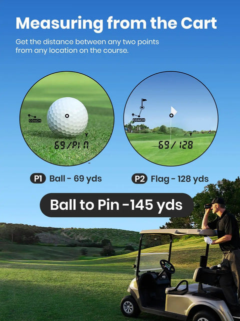 Game Changing Golf Rangefinder measuring from cart with 69 to 128 yard distance, using Coach Mode triangulation for accurate readings.