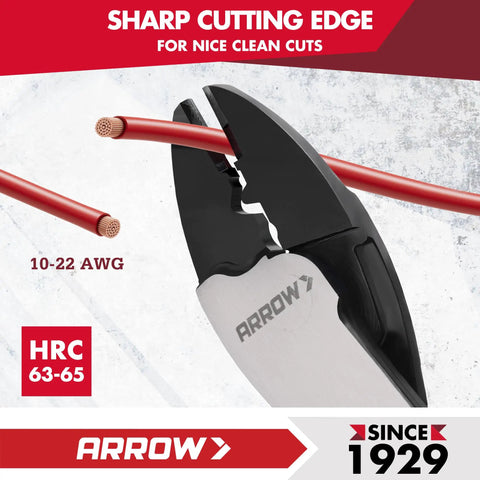 Heavy Duty 9.5 Inch Wire Crimper Cutter For 10 To 22 Awg Copper Wire Dual Action Terminal Plier cutting red wire with sharp edges.