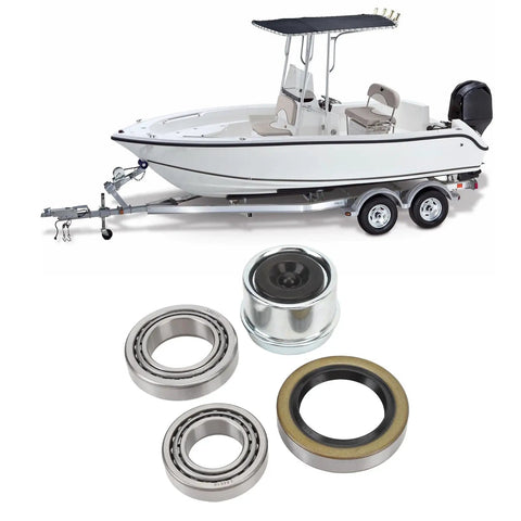 Beefy 7 Piece 3500 Lb Trailer Wheel Hub Bearing Kit For 1 1/16 To 1 3/8 Inch Axles with boat trailer in background