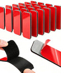 Heavy Duty Hook And Loop Strips 24 Pack With Industrial Adhesive Tough As Nails Grip For Walls Glass Tile Metal Strong Hold Indoor Outdoor Nylon Fasteners, red strips, showing peel and stick feature.