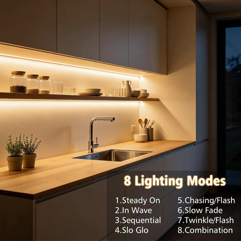 Warm White LED Strip Lights 9.8Ft 90 LEDs With Remote 8 Modes Dimmable Timers Cuttable Waterproof Self Adhesive Backlight in kitchen