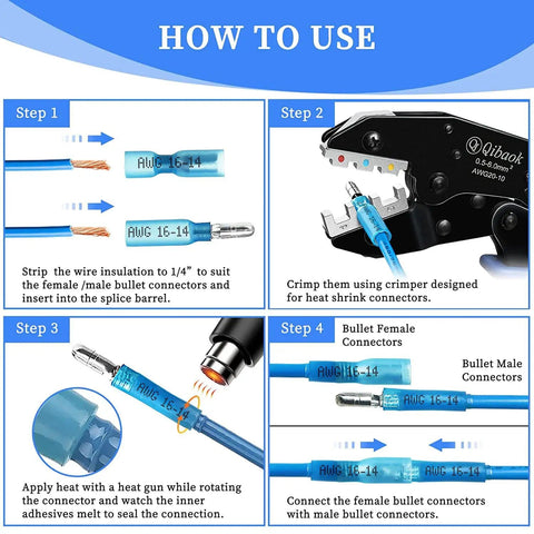320 Piece Heat Shrink Bullet Connectors Kit With Female And Male Terminals Insulated Waterproof Electrical Marine Crimp Automotive Connectors Durable Marine Grade Weatherproof Splice Protectors For Fast Secure Connections In Cars Boats And RVs usage instructions.