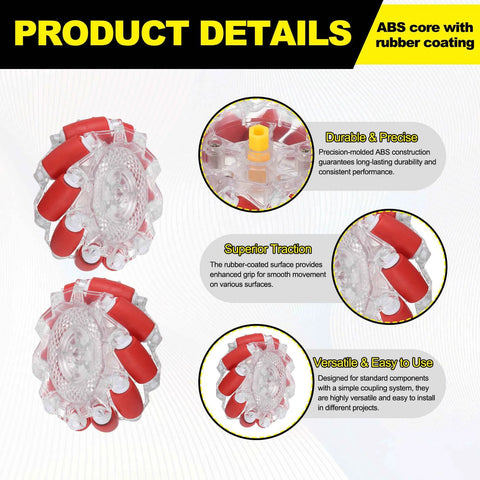 MECCANIXITY 66mm Mecanum wheels with red ABS rubber rollers; hex pins and screws included.