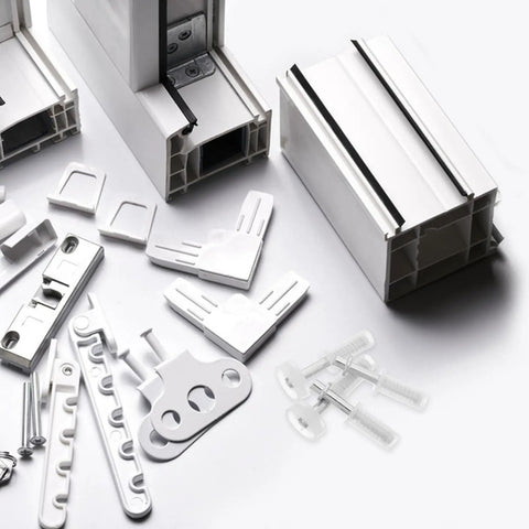 Bi Fold Door Repair Kit Four Pieces Top Guide Roller Pivot Hinge Universal Bifold Closet Door Hardware Upgrade Easy Install Makes Repairs A Snap Handymen Replacing Old Broken Parts Cost Effective Solution Fix It Now Smooth Run Forever white repair parts laid out