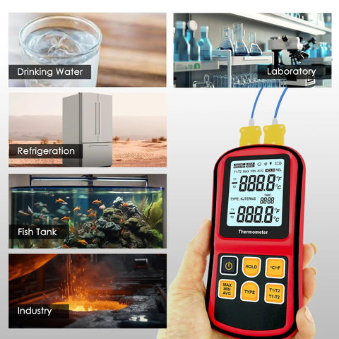 JuviPerpric Digital K-Type Thermocouple Thermometer, red handheld with dual channels and two probes, front view.