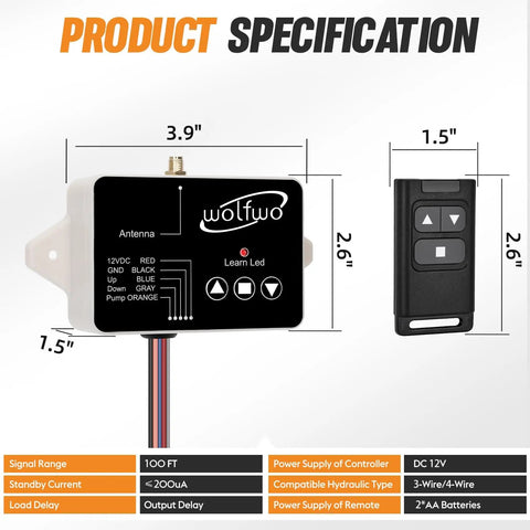 Dimensions of High Power Wireless Dump Trailer Remote Controller For 12V Hydraulic Systems, 3.9 x 1.5 x 1.5 inches, remote 2.6 x 1.5 inches
