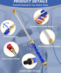 Image of the Upgraded 2 In 1 High Pressure Wand Kit For Garden Hose With Quick Connectors. Features blue handle, metal wand, brass fittings.