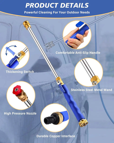 Image of the Upgraded 2 In 1 High Pressure Wand Kit For Garden Hose With Quick Connectors. Features blue handle, metal wand, brass fittings.