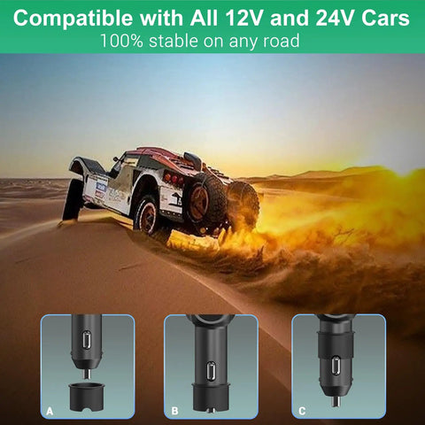 Ultimate 5 In 1 Cigarette Lighter Splitter With Usb C And Dual Usb Ports quick charge car adapter showing compatibility with 12V 24V cars.